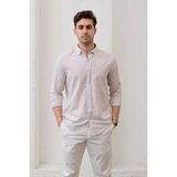 Ravanelli Erkek Gömlek Çizgili %100 Pamuk Keten Görünümlü Düğmeli Yaka Uzun Kol Modern Slim Fit Gömlek - Bordo - Beyaz