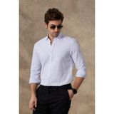 Ravanelli Erkek Gömlek Çizgili %100 Pamuk Keten Görünümlü Düğmeli Yaka Uzun Kol Modern Slim Fit Gömlek - XL - Mavi - Beyaz Çizgili