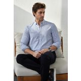 RAVANELLI Erkek Gömlek Lacivert Çizgili Pamuk Keten Modern Slim Fit Gömlek