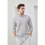 RAVANELLI Erkek Gömlek Siyah Çizgili Pamuk Keten Modern Slim Fit Gömlek