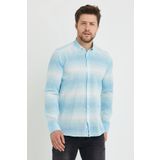 RAVANELLI Keten Turkuaz Beyaz Çizgili Slim Fit Uzun Kol Gömlek