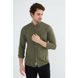 RAVANELLI Koyu Haki Hakim Yaka Modern Slim Fit Keten Görünümlü Flam Uzun Kol Erkek Gömlek