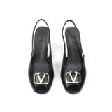 Ravisa Peep Toe Fındık Burun (4/6 cm) Altın V Toka Siyah Rugan Kadın Topuklu Ayakkabı