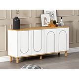 Ravone Konsol 150CM, Tv Sehpası,kitaplık, Çok Amaçlı Dolap, Ahşap Ayak, Bohem Tarz - Safir Meşe - Beyaz