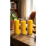 Raw Home Spiritüel Tasarım Kabartmalı 3’lü Ritüel Mum Seti – %100 Soya Wax El Yapımı Silindir Dekoratif Mum - Limon - Sarı