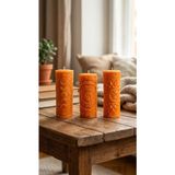 Raw Home Spiritüel Tasarım Kabartmalı 3’lü Ritüel Mum Seti – %100 Soya Wax El Yapımı Silindir Dekoratif Mum - Mandalina - Turuncu