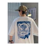 RAWEA FASHİON 20/1 Penye Compack Bisiklet Yaka Kore tarzı sevimli ayı baskı Kısa Kol Erkek t-shirt - Beyaz