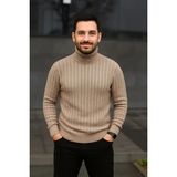 Rawea Fashion Erkek Balıkcı Yaka Bağazlı Triko Kazak Pamuklu Kalın Fitilli Dokuma, Regular Fit Uzun Kollu Kışlık Model - Bej