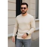 Rawea Fashion Erkek Bisiklet Yuvarlak Yaka Triko Kazak Pamuklu Kalın Fitilli Dokuma, Regular Fit Uzun Kollu Kışlık Model - Bej