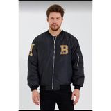 Rawea Fashion Erkek Siyah Bomber Kolej Mont – B Harfi ve Kemik Baskılı, Su Itici Kumaş, Kapitone Astarlı Fermuarlı Ceket - Siyah - XL
