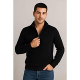 Rawea Fashion Erkek Yarım Fermuarlı Triko Kazak – Selanik Örgü, Dik Yaka, Pamuklu Dokuma, Regular Fit Uzun Kollu Kışlık Model - Siyah - XS