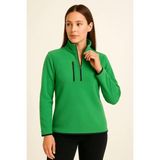 Rawea Fashion Kadın Polar Kazak – Dik Yaka, Yarım Fermuarlı, Fermuarlı Göğüs Cepli, Siyah Biyeli, Kışlık Rahat Regular Fit Günlük Model - Yeşil - XL