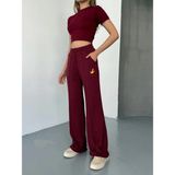 Rawea Fashion Osy Modal Yumuşak Dokulu Kumaş Nakış Işlemeli Rahat Bol Paça Eşofman Pantalon - Bordo