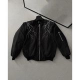 Rawea Fashion Unisex Siyah Bomber Mont – Beyaz Şimşek Desenli, Fermuarlı Cepli, Kapitone Astarlı Sokak Stili Günlük Ceket - Siyah - XS