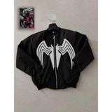 Rawea Fashion Unisex Siyah Bomber Mont – Venom Beyaz Örümcek Logolu, Fermuarlı Cepli, Kapitone Astarlı Günlük Mont - Siyah