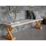 Raweyn Wood Perla Doğal Ahşap Mutfak Masası Takımı – El Işçiliği Beyaz Eskitme & Açık Ceviz (Masa +1 Bank) 8 Kişilik - 180 cm masa +180 cm bank