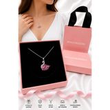 RAWEZON Gold Renk Pembe Taşlı Çelik Kuğu Kolye Kutulu Çantalı Kadın Hediye Seti
