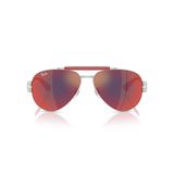Ray-Ban Unisex Rb3762m Scuderia Ferrari Koleksiyonu Yuvarlak Güneş Gözlüğü, Gümüş/Koyu Gri Aynalı Mavi/Kırmızı, 58 mm
