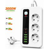 Raylax 3000W Akıllı 3'lü Priz Usb' Li Uzatma Kablo - 4 USB + 2 Type-C Hızlı Şarj 2 mt Uzatma Kablo - Beyaz