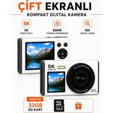 Raylax 5k Ultra Hd Çift Ekranlı Dijital Fotoğraf Makinesi 80MP Af Otomatik Odak 18X Zoom 32GB Sd Kart Hediyeli - Beyaz