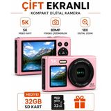 Raylax 5k Ultra Hd Çift Ekranlı Dijital Fotoğraf Makinesi 80MP Af Otomatik Odak 18X Zoom 32GB Sd Kart Hediyeli - Pembe