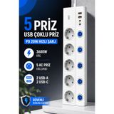 RAYLAX 5'li Akım Korumalı Priz 3680W 16A PD 20W Hızlı Şarjlı 2 USB-A 2 USB-C Anahtarlı Çoklu Uzatma Prizi