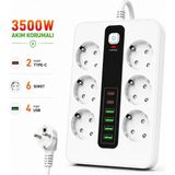 Raylax 6'lı Priz Çoklayıcı 4 USB + 2 Type-C Hızlı Şarjlı Anahtarlı Priz 3500W 2 Metre Kablo - Beyaz