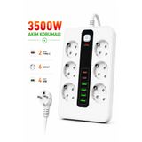 RAYLAX 6'lı Priz Çoklayıcı 4 USB + 2 Type-C Hızlı Şarjlı Anahtarlı Priz 3500W 2 Metre Kablo