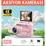 Raylax Aksiyon Kamerası 4K Mini 360° Ayrılabilir Kamera Tak Çıkar 180° Döner Ekran Wifi App Geniş Açı Taşınabilir Vlog - Pembe
