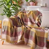 RAYME TEKSTIL Lüks 100% Pamuk Koltuk Şalı TV Battaniyesi, Geniş 130x170 cm Yüksek Kaliteli Pamuklu Kumaş Dekoratif Koltuk Atma Şal Battaniyeleri (Ekose Kahve Muslin Kumaş)