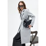 Rays Gri Kemerli İçi Astarlı Uzun Kaşe Kaban 7149A - 3XL