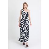 Rays Siyah-Bej Tek Omuz Desenli Maxi Elbise 231660