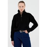 Rays Siyah Yarım Fermuarlı Crop Triko Kadın Kazak 7135 - Standart