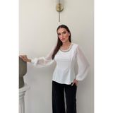 RB CLUB Beyaz İnci Taş Detaylı Kolları Şifon Bluz