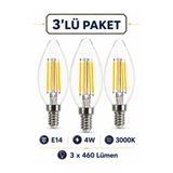 RBR 3’lü E14 Duylu 4W LED Filament Mum Ampul Şeffaf Cam 3000K Sıcak Beyaz