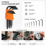Rc0215 Allen Anahtar Seti 9 Parça Düz Uzun Alyan Takımı Dayanıklı Çelik Profesyonel Kullanım
