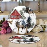 Real Homes 2'li Kar Zeminli Geyik & Çam Ağacı Tasarımlı Dijital Baskılı Dekoratif Yuvarlak Servis Altlığı – Supla - 34 x 34 cm - Renkli