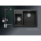 Real Stone Black Pearl 70x50 cm Çift Gözlü Granit Evye ve Arıtma Çıkışlı Rustik Batarya Seti - Siyah