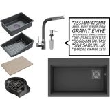Real Stone Realstone 75 cm Kompakt Set - Akıllı Eviye Uyumlu Granit Eviye ve Spiralli Batarya Paketi - Antrasit - Tek Gözlü