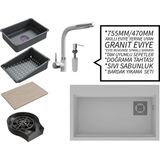Real Stone Realstone 75 cm Kompakt Set - Akıllı Eviye Uyumlu Granit Eviye ve Spiralli Batarya Paketi - Beyaz - Tek Gözlü