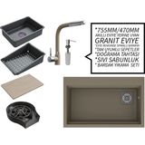 Real Stone Realstone 75 cm Kompakt Set - Akıllı Eviye Uyumlu Granit Eviye ve Spiralli Batarya Paketi - Cappuccino - Kahverengi - Tek Gözlü