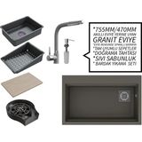 Real Stone Realstone 75 cm Kompakt Set - Akıllı Eviye Uyumlu Granit Eviye ve Spiralli Batarya Paketi - Gri - Tek Gözlü
