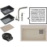 Real Stone Realstone 75 cm Kompakt Set - Akıllı Eviye Uyumlu Granit Eviye ve Spiralli Batarya Paketi - Krem - Tek Gözlü