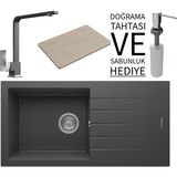 Real Stone Realstone P011 Assos 86 Xl Granit Eviye & Göksu Mutfak Bataryası Seti (+ Sabunluk ve Bambu Tahta Hediyeli) - Antrasit - Tek Gözlü - 86 cm