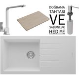 Real Stone Realstone P011 Assos 86 Xl Granit Eviye & Göksu Mutfak Bataryası Seti (+ Sabunluk ve Bambu Tahta Hediyeli) - Beyaz - Tek Gözlü - 86 cm