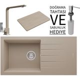 Real Stone Realstone P011 Assos 86 Xl Granit Eviye & Göksu Mutfak Bataryası Seti (+ Sabunluk ve Bambu Tahta Hediyeli) - Cappuccino - Kahverengi - Tek Gözlü - 86 cm