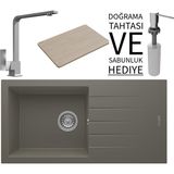 Real Stone Realstone P011 Assos 86 Xl Granit Eviye & Göksu Mutfak Bataryası Seti (+ Sabunluk ve Bambu Tahta Hediyeli) - Gri - Tek Gözlü - 86 cm