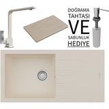 Real Stone Realstone P011 Assos 86 Xl Granit Eviye & Göksu Mutfak Bataryası Seti (+ Sabunluk ve Bambu Tahta Hediyeli) - Krem - Tek Gözlü - 86 cm