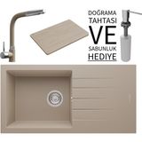 Real Stone Realstone P011 Assos 86 Xl Granit Eviye & Sümela Batarya Seti (+ Bambu Tahta ve Sabunluk Hediyeli) - Cappuccino - Kahverengi - Tek Gözlü - 86 cm