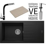 Real Stone Realstone P011 Assos 86 Xl Granit Eviye & Sümela Batarya Seti (+ Bambu Tahta ve Sabunluk Hediyeli) - Siyah - Tek Gözlü - 86 cm